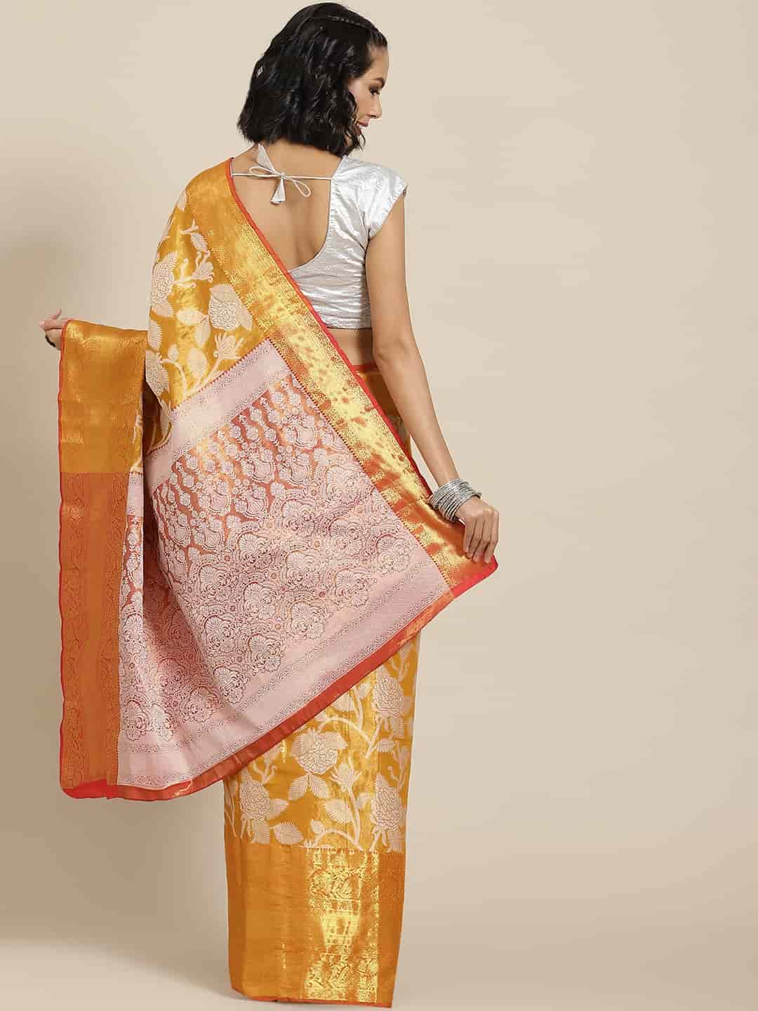 Hiral Fashion Orange Banarasi Tissue Silk Floral Zari Woven Saree | Grocsy