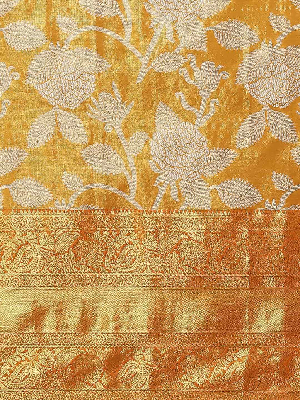 Hiral Fashion Orange Banarasi Tissue Silk Floral Zari Woven Saree | Grocsy