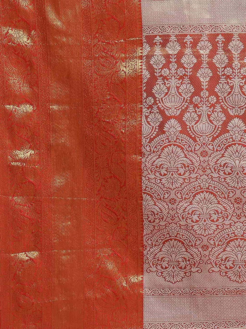 Hiral Fashion Orange Banarasi Tissue Silk Floral Zari Woven Saree | Grocsy