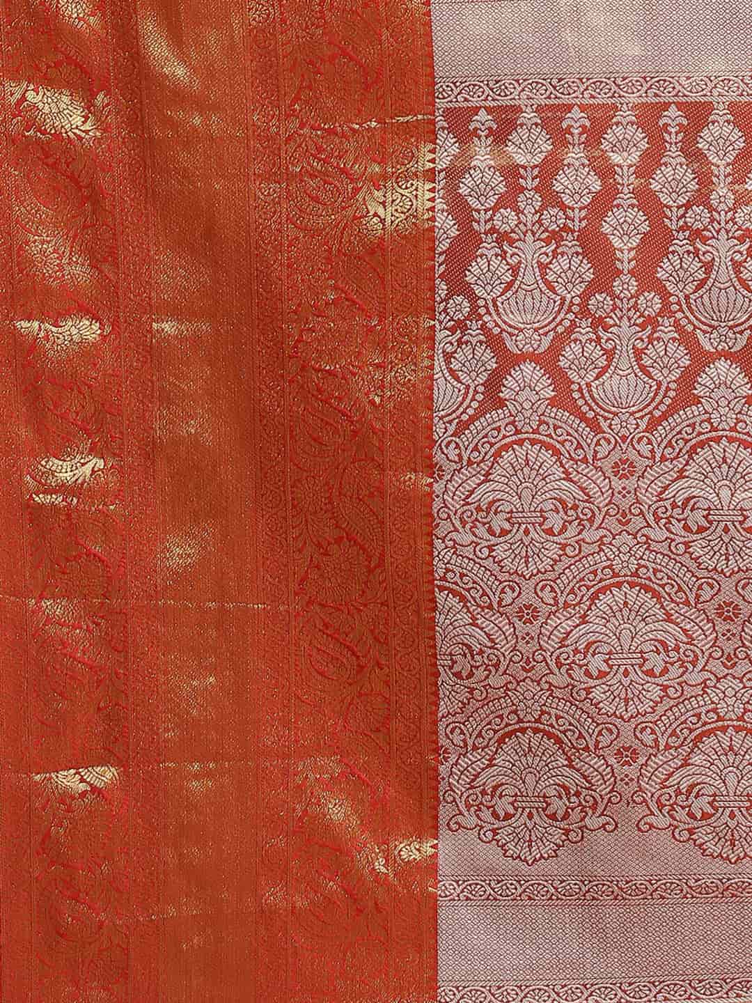 Hiral Fashion Orange Banarasi Tissue Silk Floral Zari Woven Saree | Grocsy