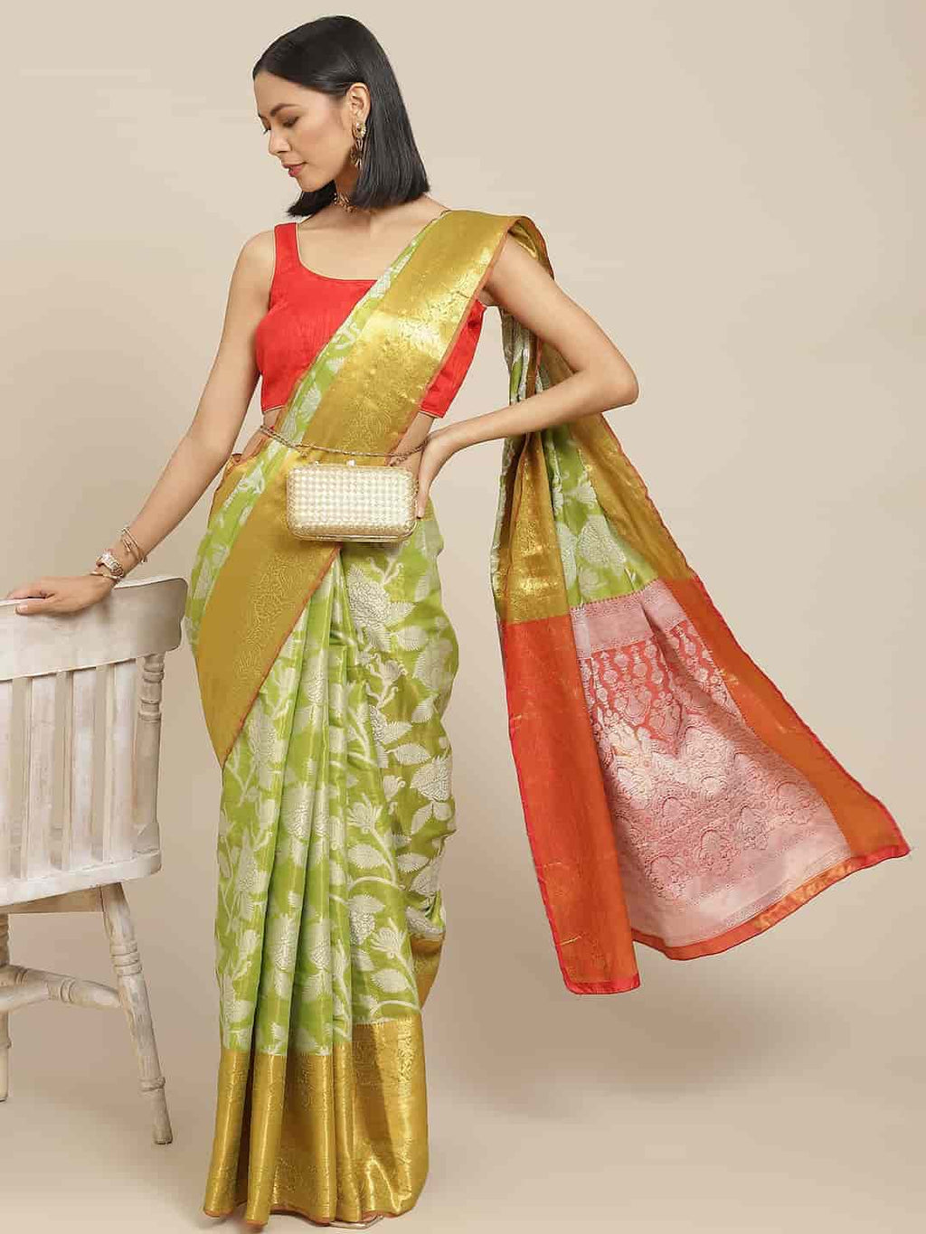 Hiral Fashion Green Banarasi Tissue Silk Floral Zari Woven Saree | Grocsy