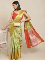 Hiral Fashion Green Banarasi Tissue Silk Floral Zari Woven Saree | Grocsy
