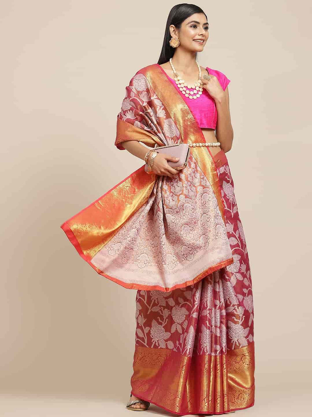 Hiral Fashion Pink Banarasi Tissue Silk Floral Zari Woven Saree | Grocsy