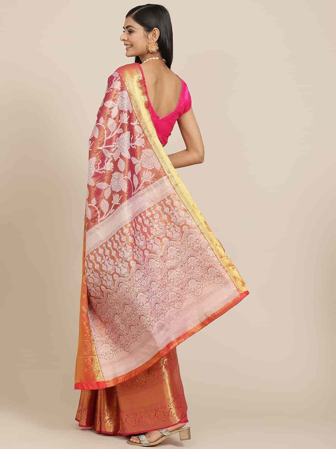 Hiral Fashion Pink Banarasi Tissue Silk Floral Zari Woven Saree | Grocsy