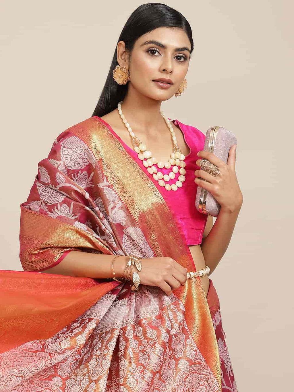 Hiral Fashion Pink Banarasi Tissue Silk Floral Zari Woven Saree | Grocsy