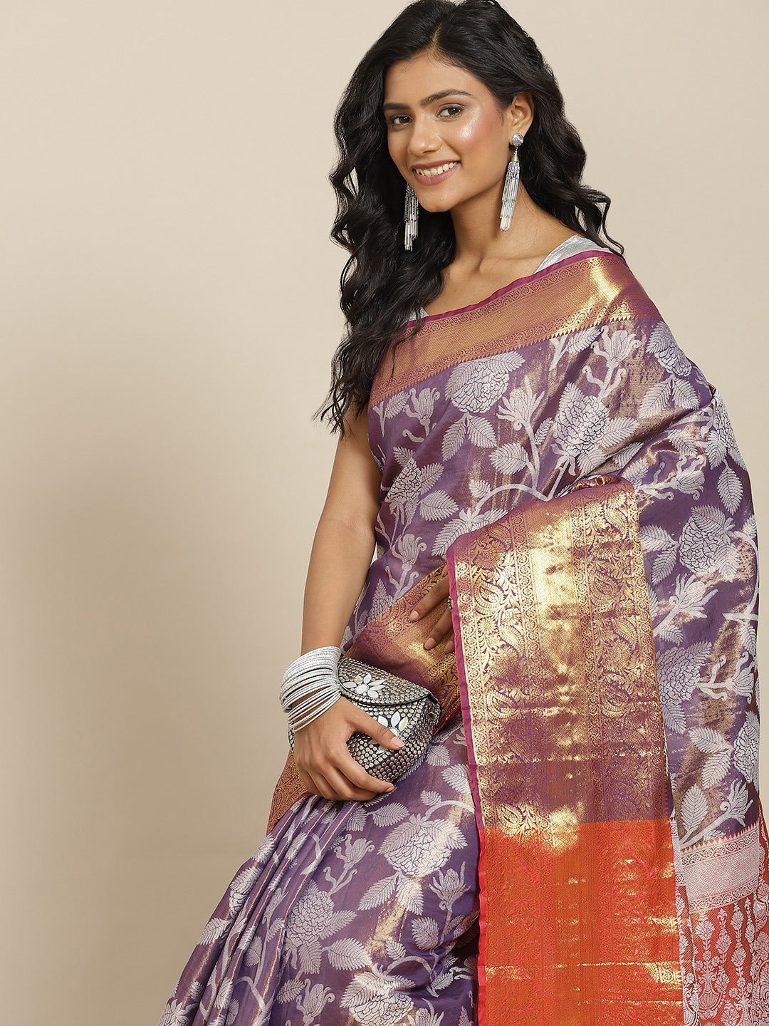 Hiral Fashion Purple Banarasi Tissue Silk Floral Zari Woven Saree | Grocsy