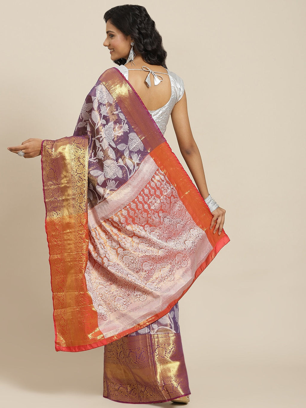 Hiral Fashion Purple Banarasi Tissue Silk Floral Zari Woven Saree | Grocsy