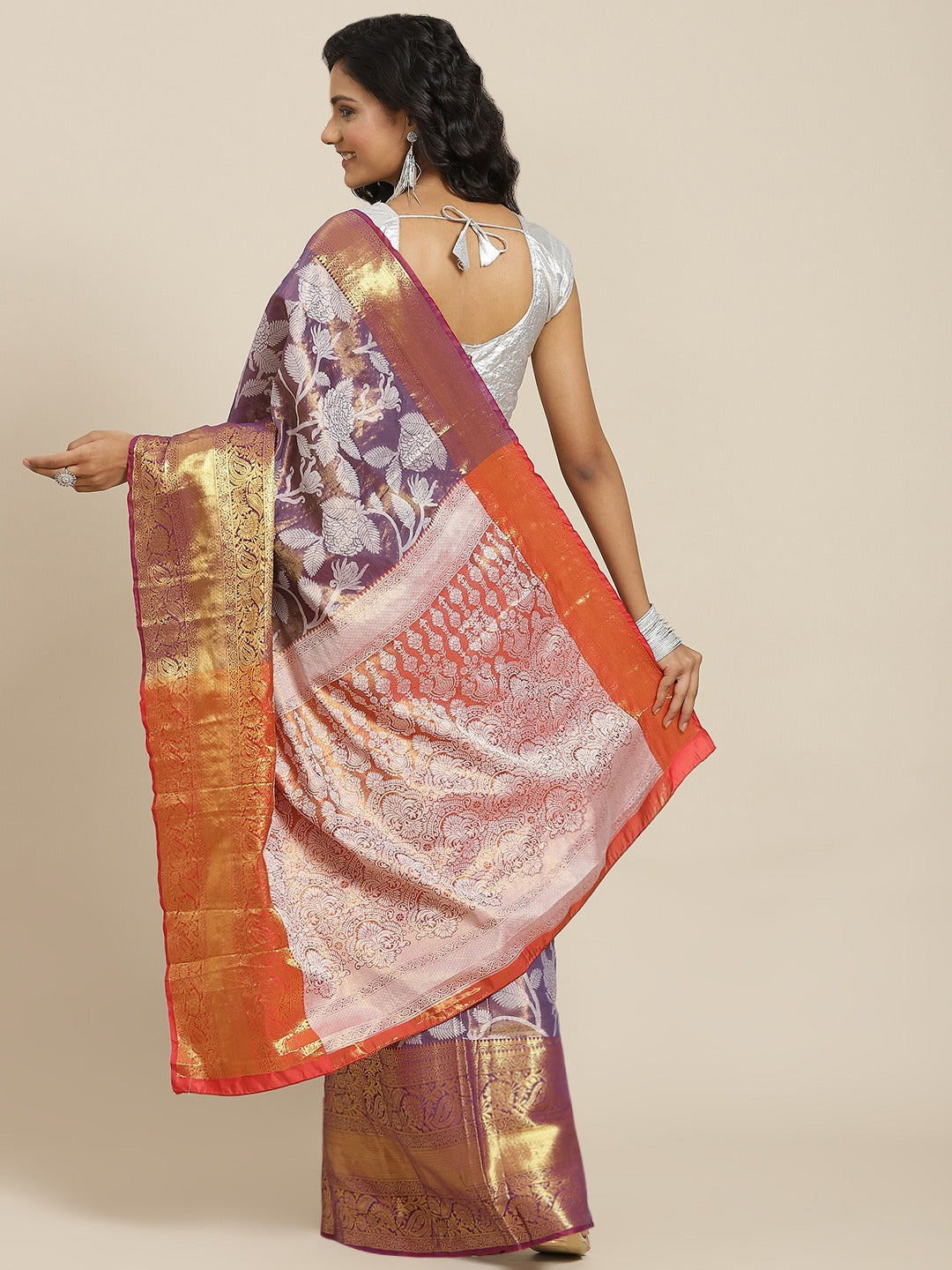 Hiral Fashion Purple Banarasi Tissue Silk Floral Zari Woven Saree | Grocsy
