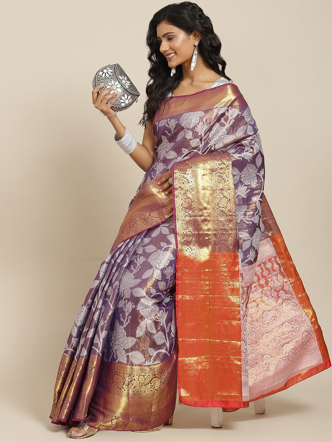 Hiral Fashion Purple Banarasi Tissue Silk Floral Zari Woven Saree | Grocsy