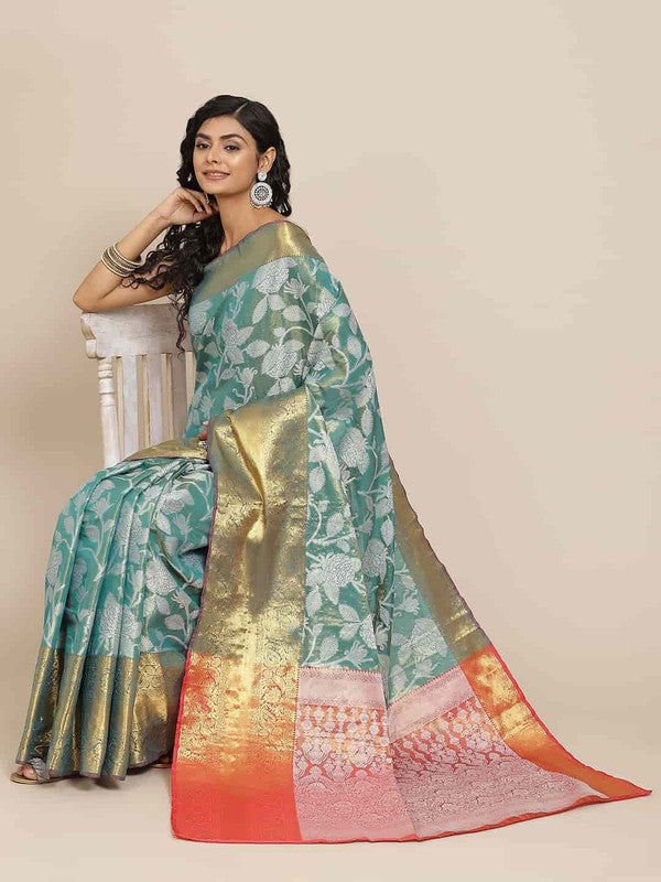 Turquoise Pure Silk Embellished Floral Saree with Unstitched Blouse - Hiral Fashion | Grocsy