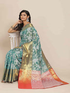 Turquoise Pure Silk Embellished Floral Saree with Unstitched Blouse - Hiral Fashion | Grocsy