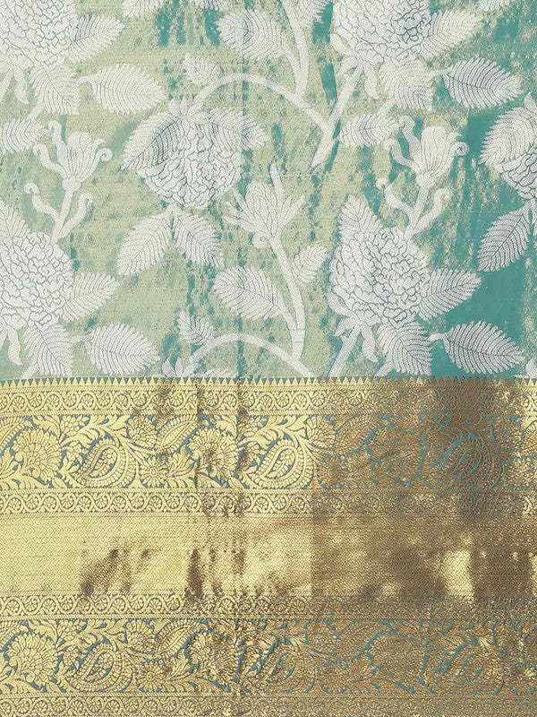 Turquoise Pure Silk Embellished Floral Saree with Unstitched Blouse - Hiral Fashion | Grocsy