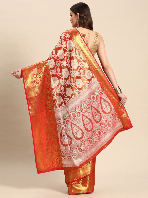 Orange Tissue Silk Woven Zari Design Floral Saree with Unstitched Blouse - Hiral Fashion | Grocsy