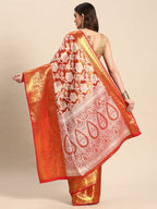 Orange Tissue Silk Woven Zari Design Floral Saree with Unstitched Blouse - Hiral Fashion | Grocsy