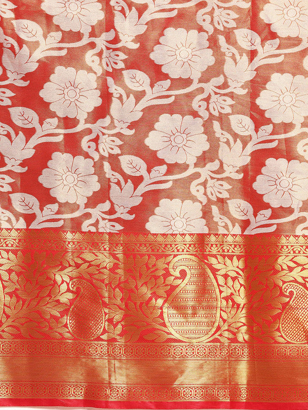 Orange Tissue Silk Woven Zari Design Floral Saree with Unstitched Blouse - Hiral Fashion | Grocsy