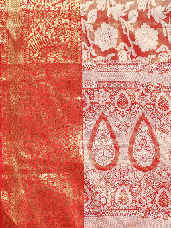 Orange Tissue Silk Woven Zari Design Floral Saree with Unstitched Blouse - Hiral Fashion | Grocsy