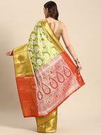 Green Tissue Silk Woven Zari Design Floral Saree with Unstitched Blouse - Hiral Fashion | Grocsy