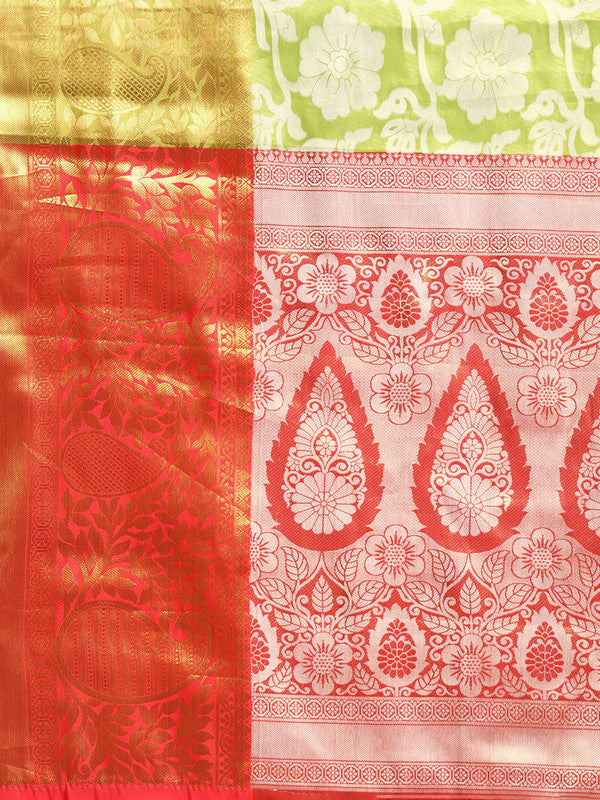 Green Tissue Silk Woven Zari Design Floral Saree with Unstitched Blouse - Hiral Fashion | Grocsy
