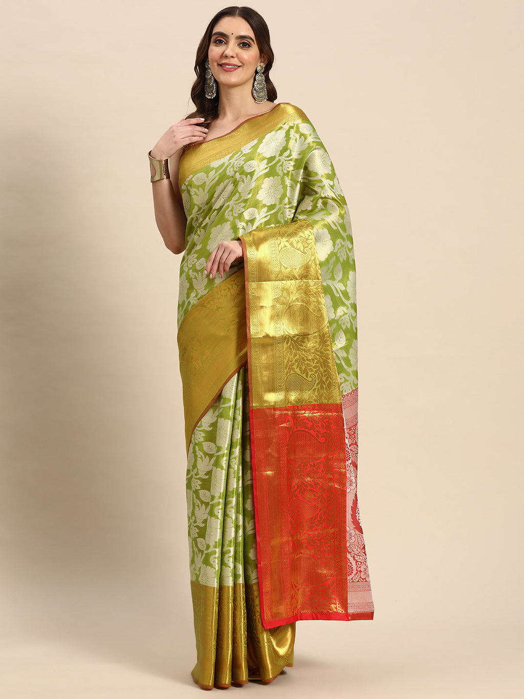 Green Tissue Silk Woven Zari Design Floral Saree with Unstitched Blouse - Hiral Fashion | Grocsy