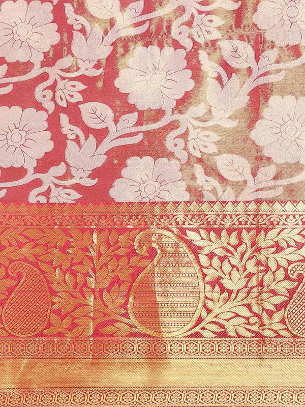 Pink Tissue Silk Woven Zari Design Floral Saree with Unstitched Blouse - Hiral Fashion | Grocsy