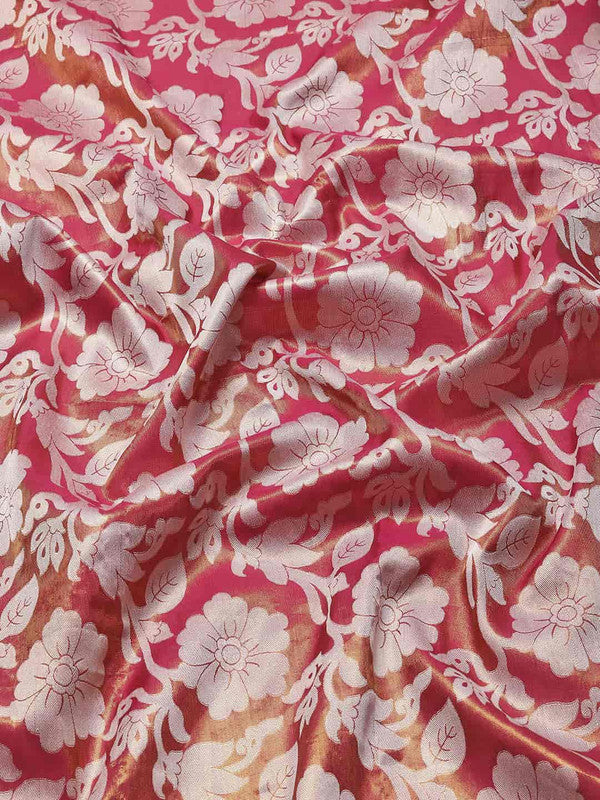 Pink Tissue Silk Woven Zari Design Floral Saree with Unstitched Blouse - Hiral Fashion | Grocsy