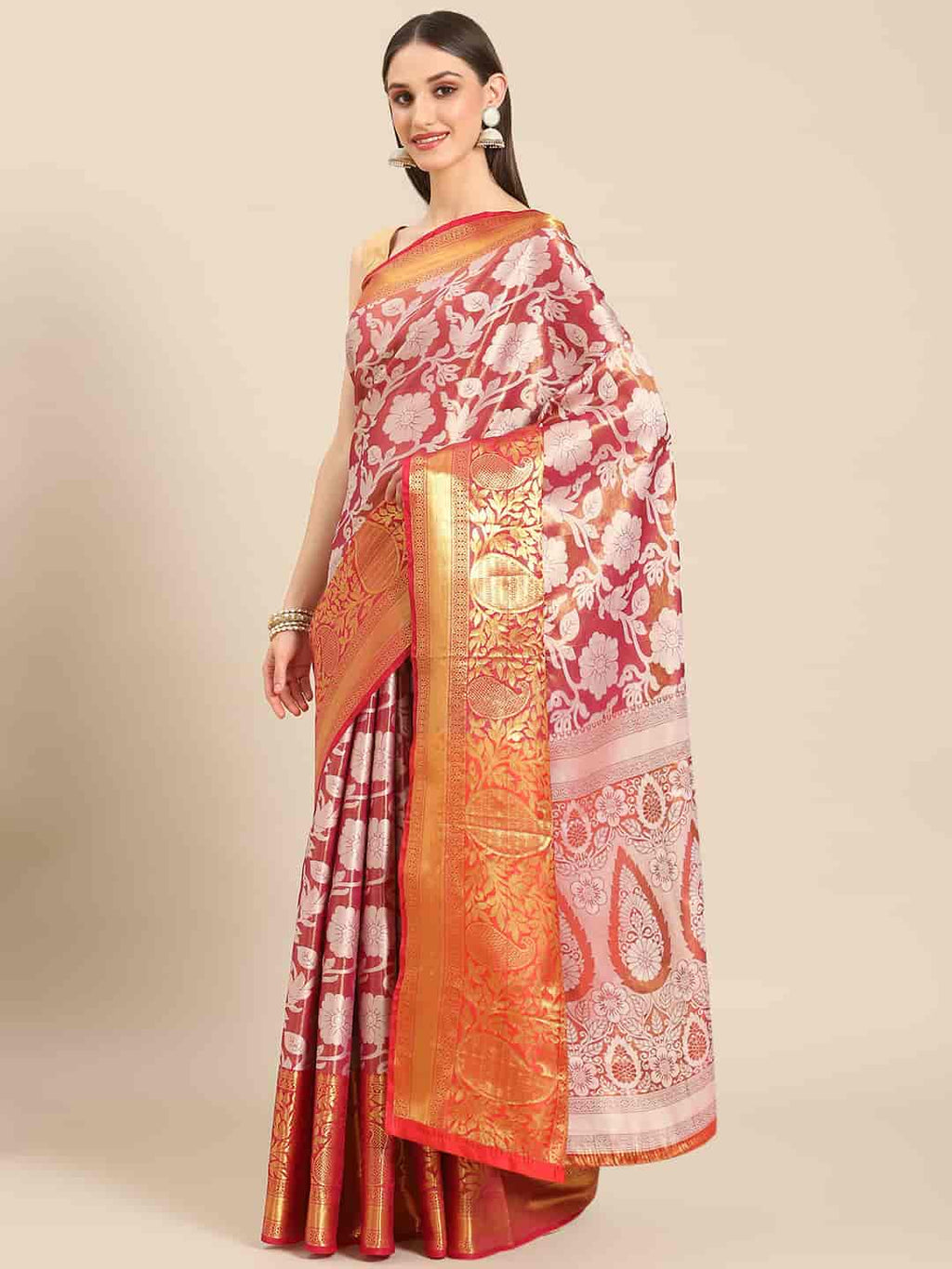 Pink Tissue Silk Woven Zari Design Floral Saree with Unstitched Blouse - Hiral Fashion | Grocsy