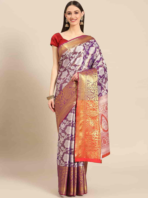 Purple Tissue Silk Woven Zari Design Floral Saree with Unstitched Blouse - Hiral Fashion | Grocsy