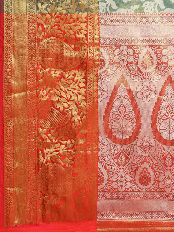 Turquoise Tissue Silk Woven Zari Design Floral Saree with Unstitched Blouse - Hiral Fashion | Grocsy