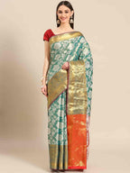Turquoise Tissue Silk Woven Zari Design Floral Saree with Unstitched Blouse - Hiral Fashion | Grocsy