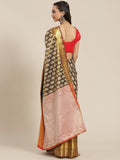 Black Brocade Woven Zari Design Floral Saree with Unstitched Blouse - Hiral Fashion | Grocsy