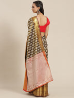 Black Brocade Woven Zari Design Floral Saree with Unstitched Blouse - Hiral Fashion | Grocsy
