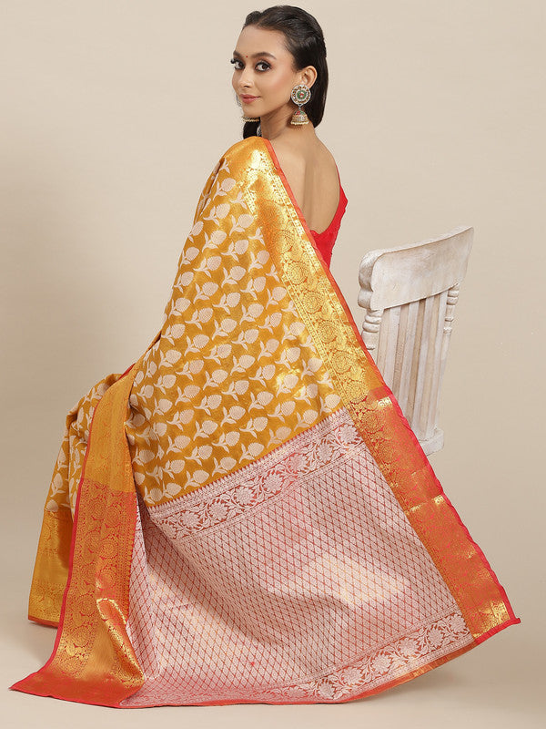 Mustard Brocade Woven Zari Design Floral Saree with Unstitched Blouse - Hiral Fashion | Grocsy