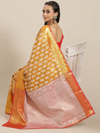 Mustard Brocade Woven Zari Design Floral Saree with Unstitched Blouse - Hiral Fashion | Grocsy