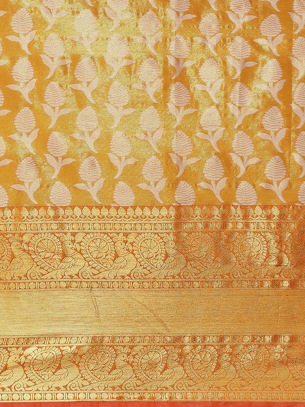 Mustard Brocade Woven Zari Design Floral Saree with Unstitched Blouse - Hiral Fashion | Grocsy