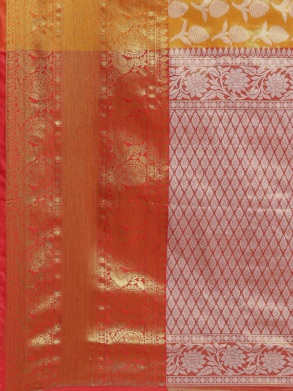 Mustard Brocade Woven Zari Design Floral Saree with Unstitched Blouse - Hiral Fashion | Grocsy