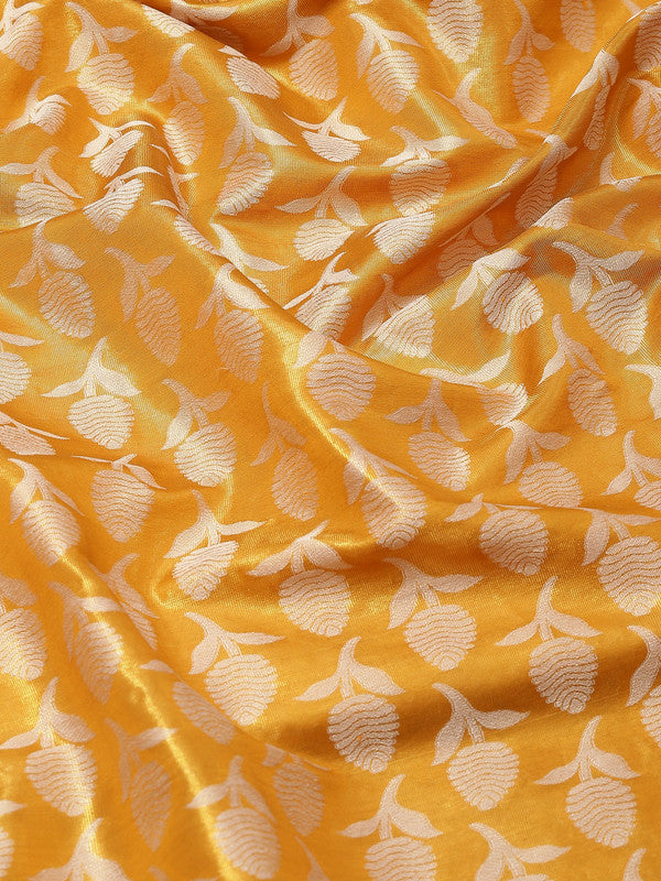 Mustard Brocade Woven Zari Design Floral Saree with Unstitched Blouse - Hiral Fashion | Grocsy