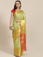 Green Brocade Woven Zari Design Floral Saree with Unstitched Blouse - Hiral Fashion | Grocsy