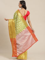 Green Brocade Woven Zari Design Floral Saree with Unstitched Blouse - Hiral Fashion | Grocsy