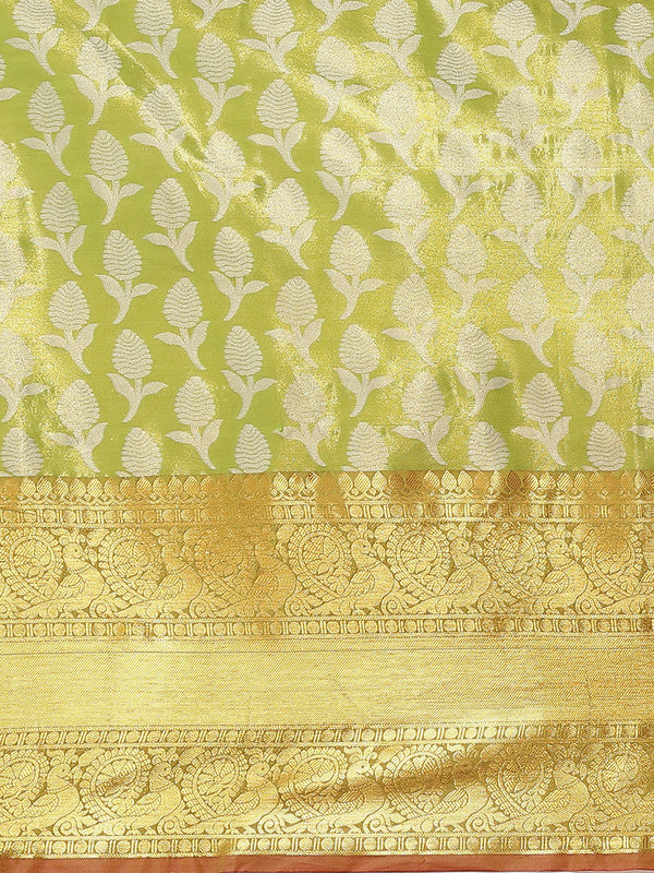 Green Brocade Woven Zari Design Floral Saree with Unstitched Blouse - Hiral Fashion | Grocsy
