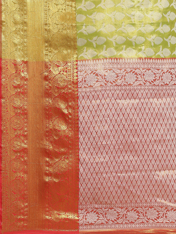 Green Brocade Woven Zari Design Floral Saree with Unstitched Blouse - Hiral Fashion | Grocsy