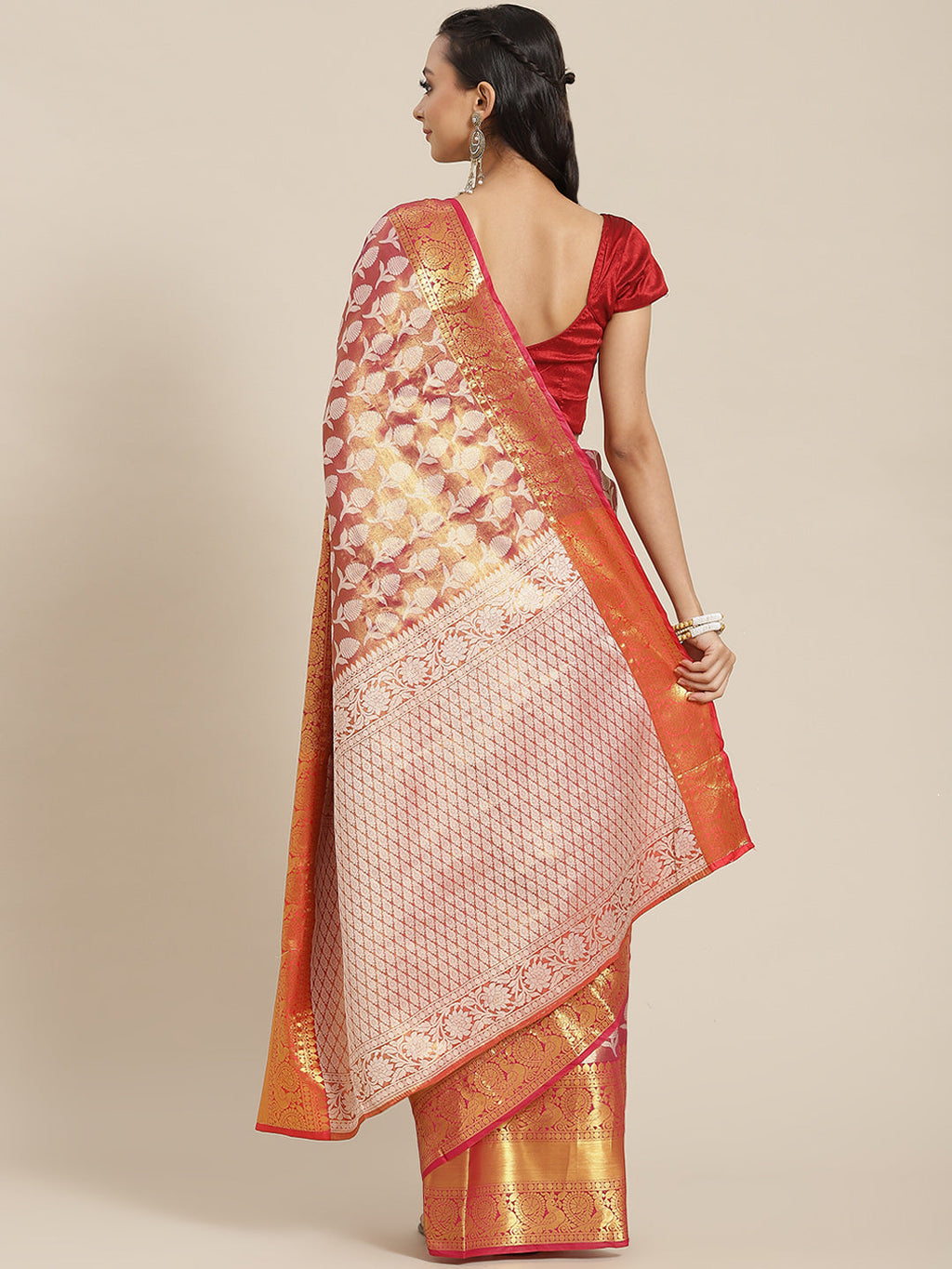 Pink Brocade Woven Zari Design Floral Saree with Unstitched Blouse - Hiral Fashion | Grocsy