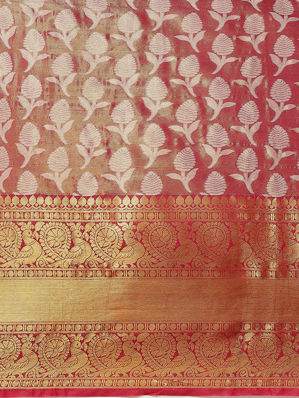 Pink Brocade Woven Zari Design Floral Saree with Unstitched Blouse - Hiral Fashion | Grocsy