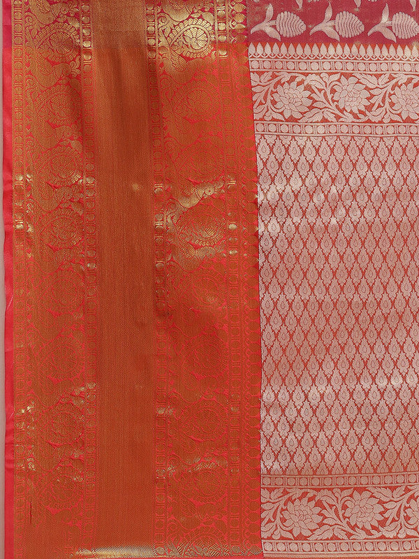 Pink Brocade Woven Zari Design Floral Saree with Unstitched Blouse - Hiral Fashion | Grocsy