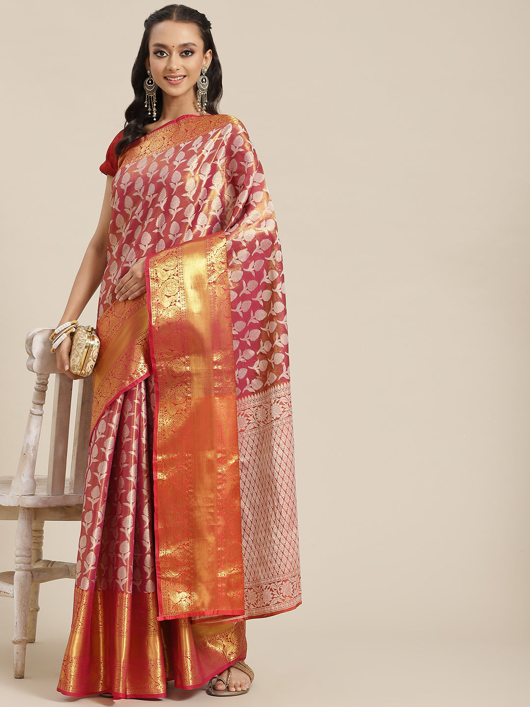 Pink Brocade Woven Zari Design Floral Saree with Unstitched Blouse - Hiral Fashion | Grocsy