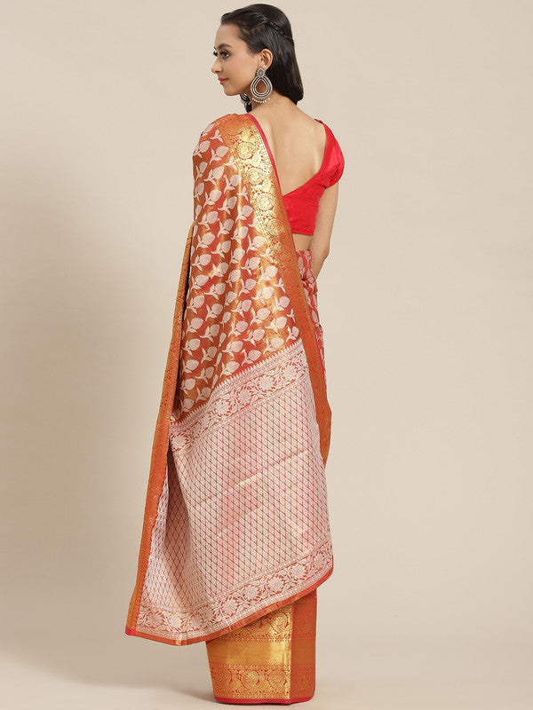 Red Brocade Woven Zari Design Floral Saree with Unstitched Blouse - Hiral Fashion | Grocsy