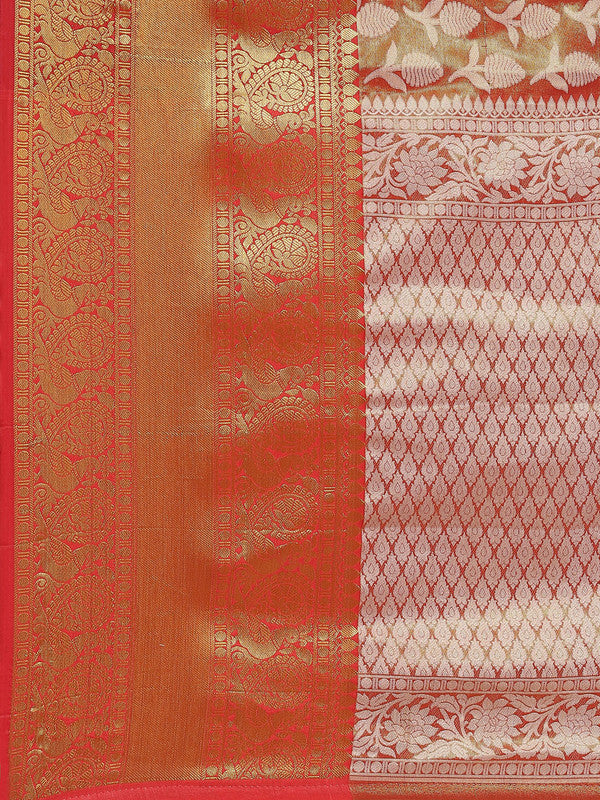 Red Brocade Woven Zari Design Floral Saree with Unstitched Blouse - Hiral Fashion | Grocsy