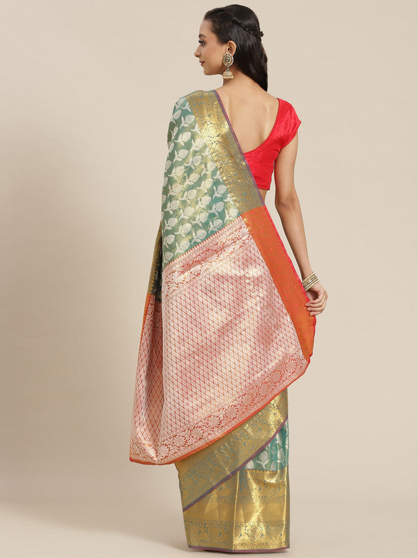 Turquoise Brocade Woven Zari Design Floral Saree with Unstitched Blouse - Hiral Fashion | Grocsy