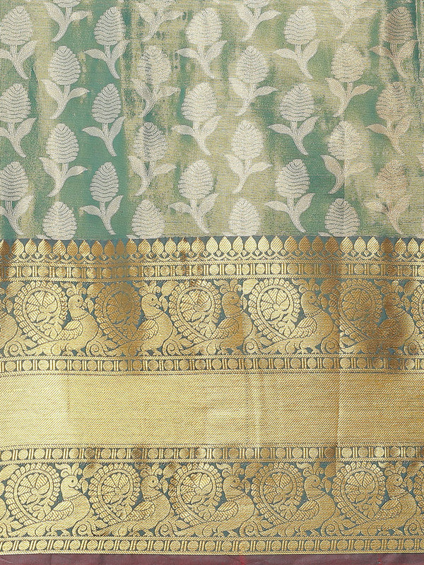 Turquoise Brocade Woven Zari Design Floral Saree with Unstitched Blouse - Hiral Fashion | Grocsy