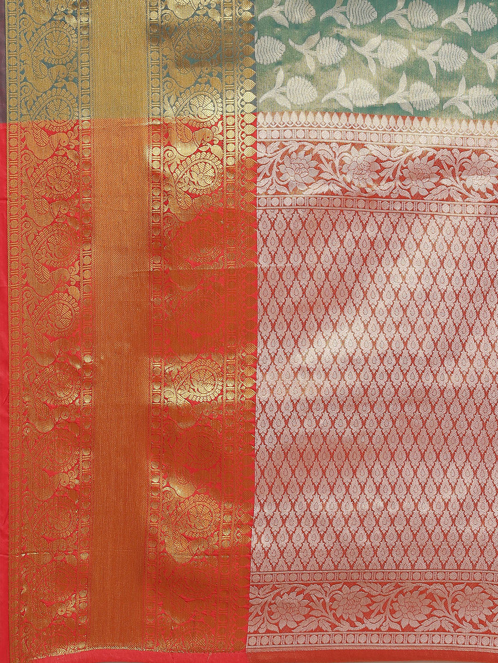 Turquoise Brocade Woven Zari Design Floral Saree with Unstitched Blouse - Hiral Fashion | Grocsy