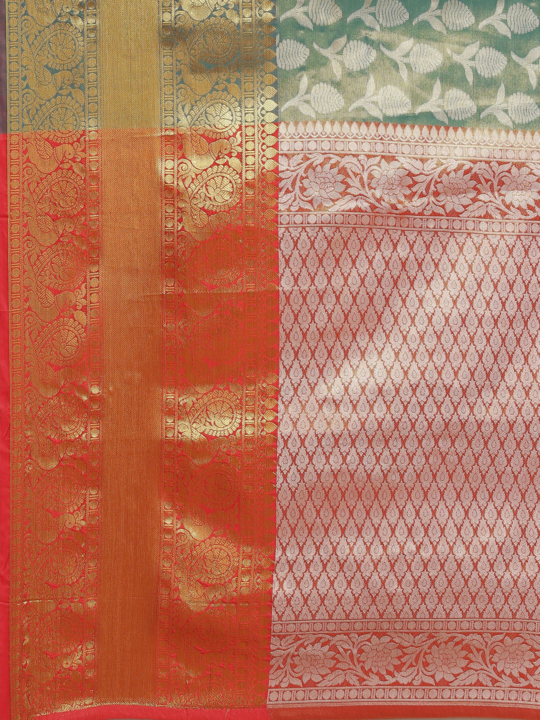 Turquoise Brocade Woven Zari Design Floral Saree with Unstitched Blouse - Hiral Fashion | Grocsy
